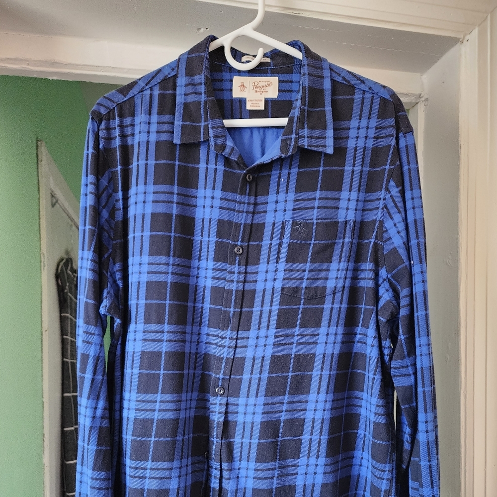 Penguin men's blue and white plaid men's shirt. - Picture 1 of 8